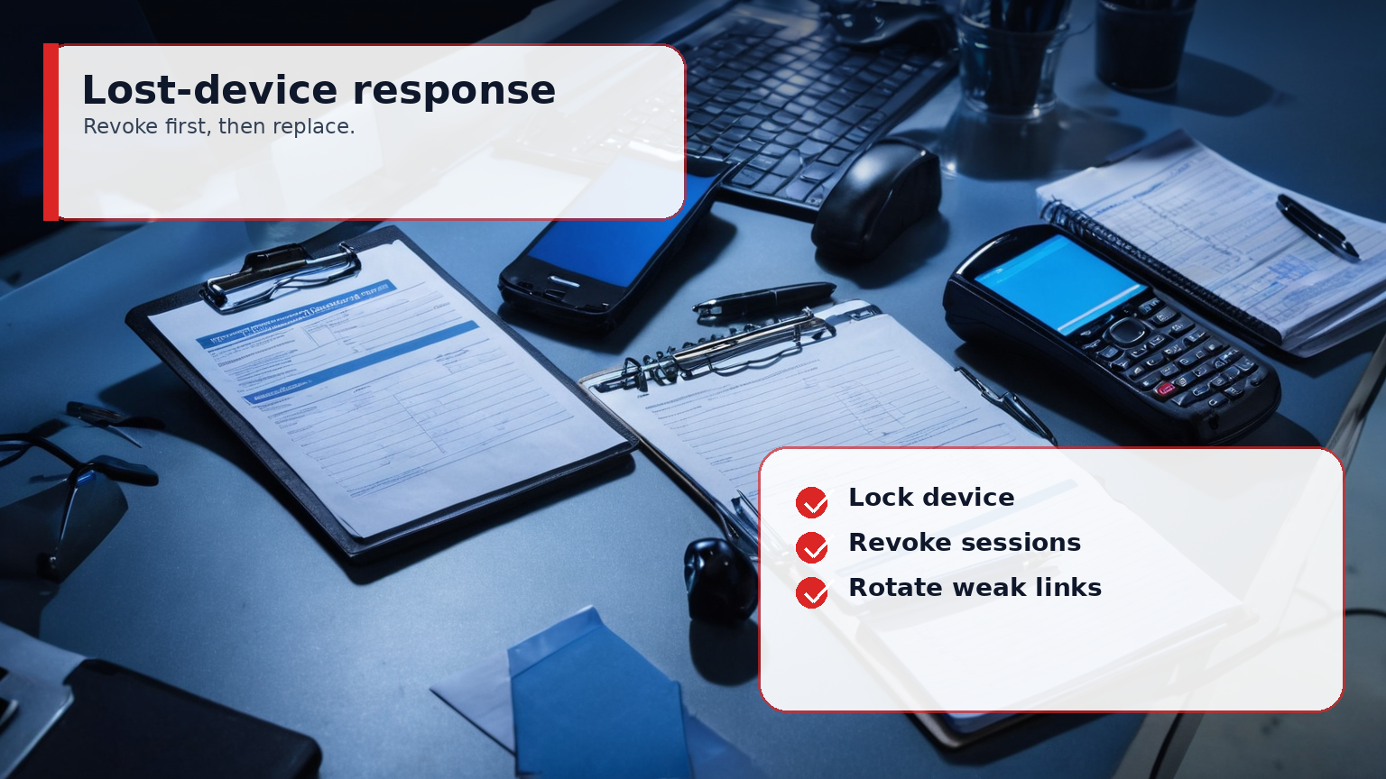Lost-device response workflow for revoking sessions and replacing access