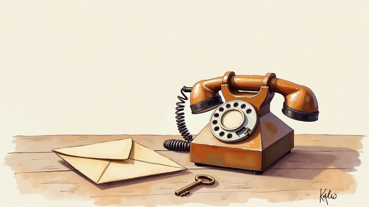 Watercolor illustration of vintage telephone, paper envelope, and small key