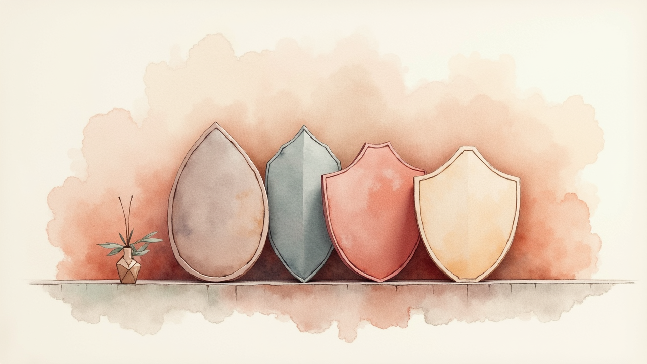 Watercolor illustration of layered shield icons and fingerprint pattern