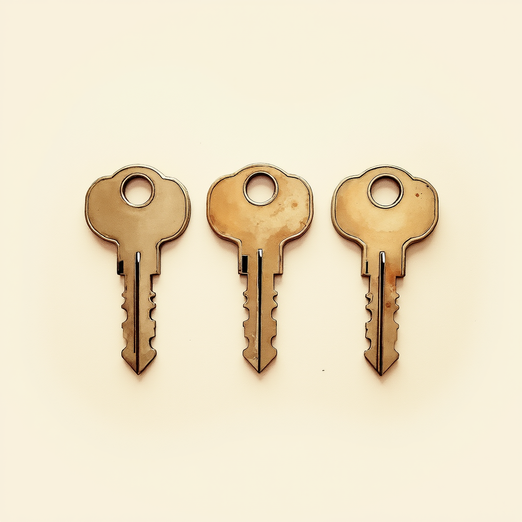Watercolor still life of three small physical hardware security keys arranged in a row on a wooden desk, top-down view