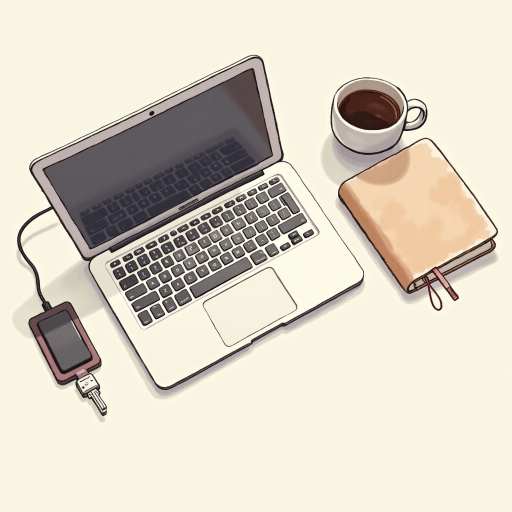 Watercolor illustration of a laptop on a desk with a small hardware security key inserted into a USB port, beside a notebook and coffee cup