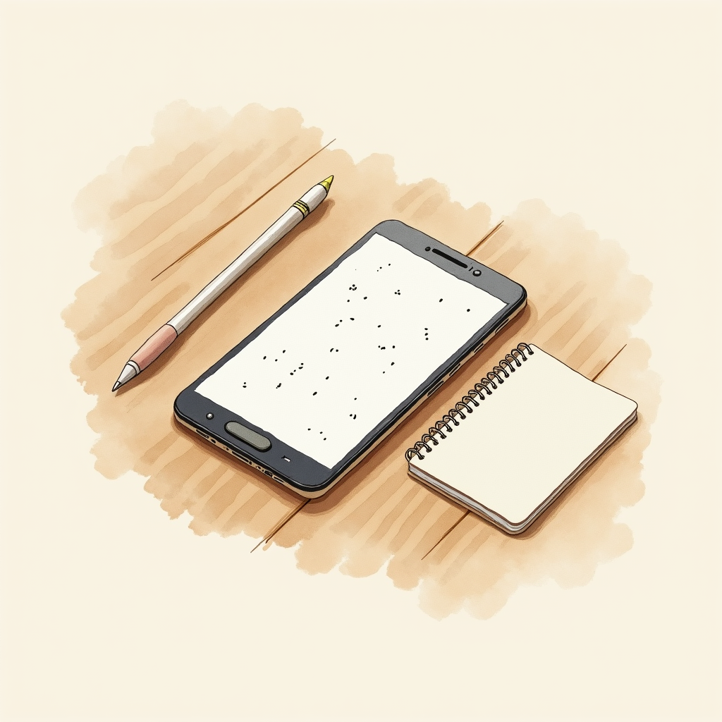 Watercolor still life of a smartphone displaying an authenticator app with rotating codes beside a small notebook on a wooden desk, top-down view