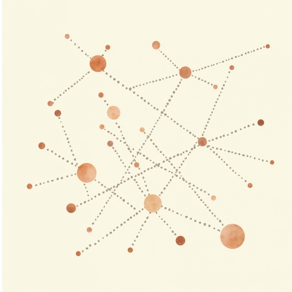 Watercolor illustration of an abstract network of intersecting lines connecting small dots on cream paper, top-down view