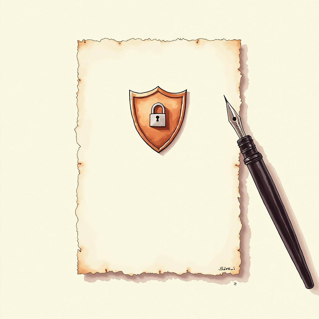 Watercolor illustration of a stylized shield emblem with a small lock symbol on a wooden desk beside a fountain pen, top-down view