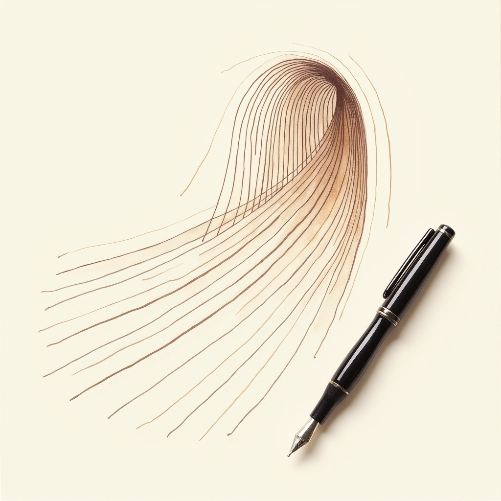 Watercolor illustration of an abstract tunnel shape with parallel lines drawn on cream paper, beside a fountain pen, top-down view