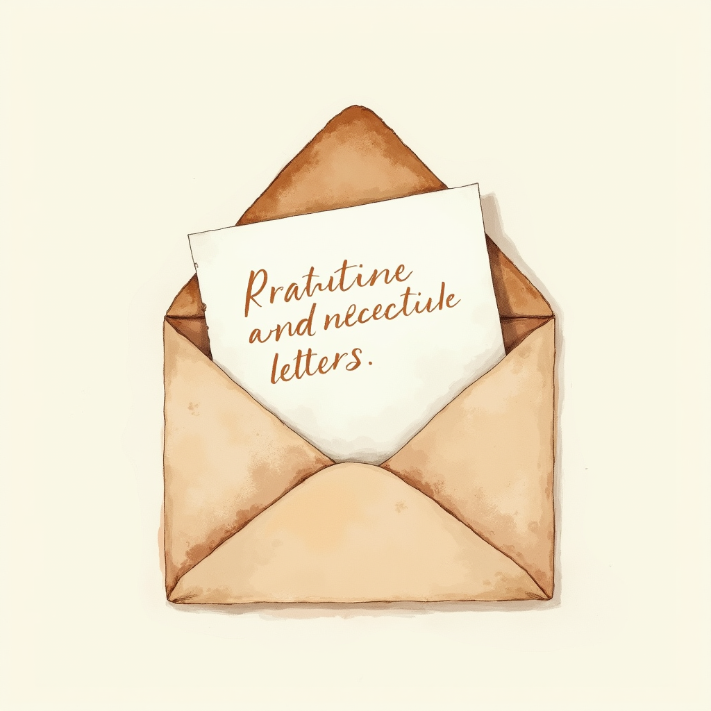 Soft watercolor illustration of an open envelope on a wooden desk with abstract handwritten lines representing an email, no readable text, muted earth tones