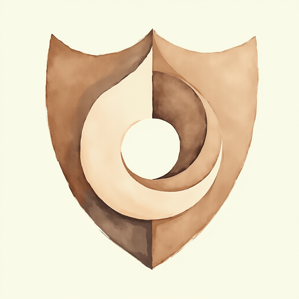 Soft watercolor illustration of a stylized shield shape with abstract circular swirls, muted earth tones, gentle ink outlines, no text
