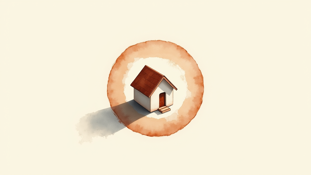 Soft watercolor illustration of a small stylized house with abstract circular shield around it, muted earth tones, no text
