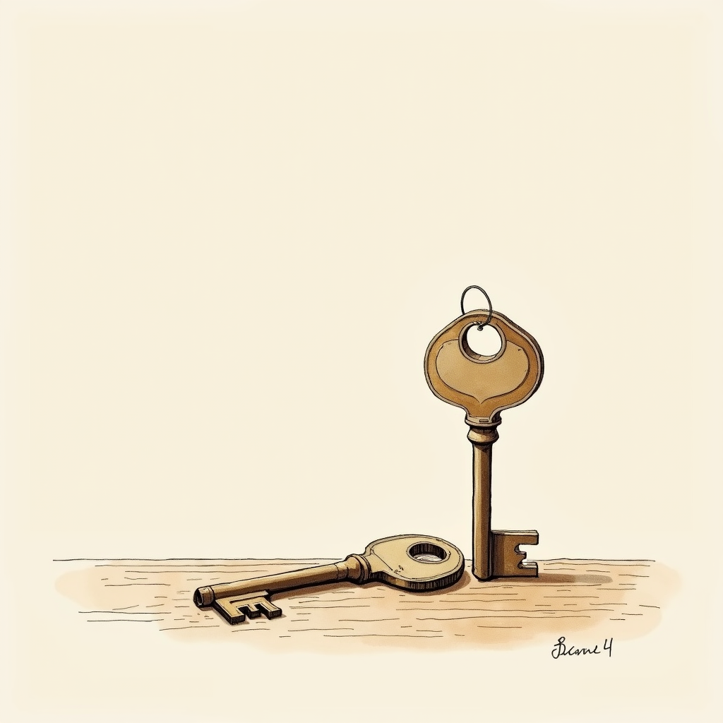 Watercolor illustration of two small physical key shapes lying on a wooden surface, top-down, soft earth tones, no text
