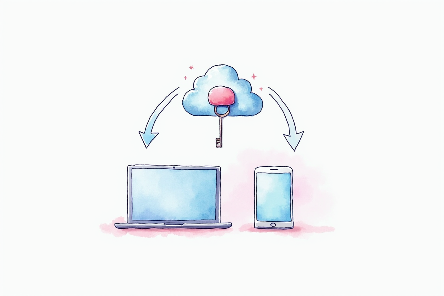 Passkey synchronization across devices laptop tablet phone with cloud arrow