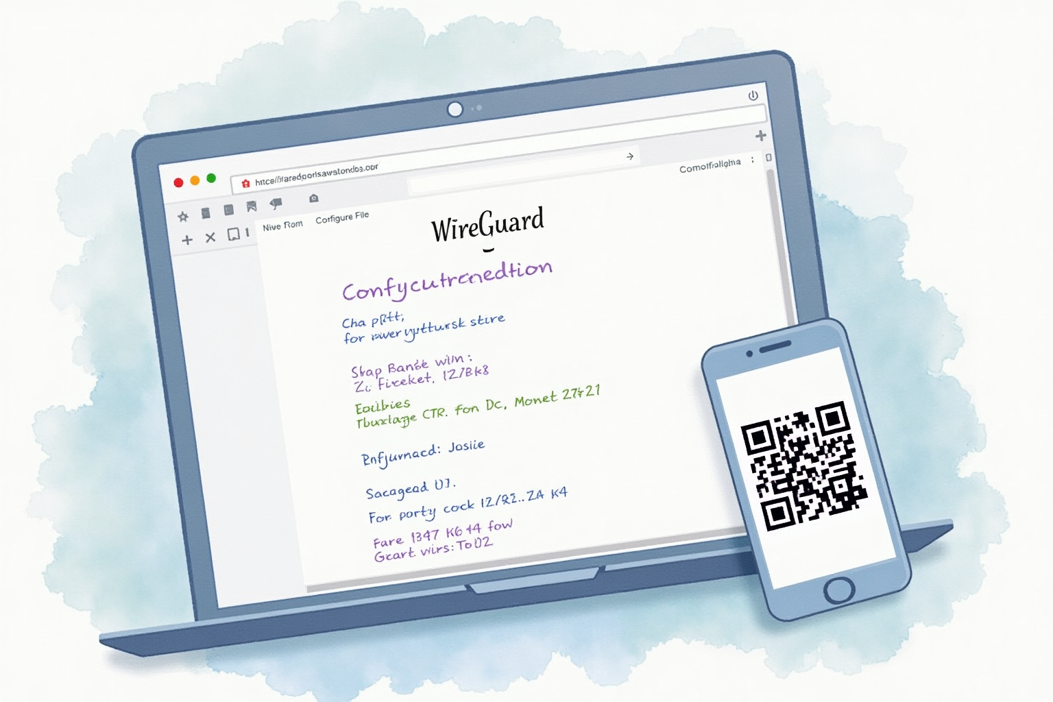 WireGuard configuration file on laptop with QR code for mobile setup