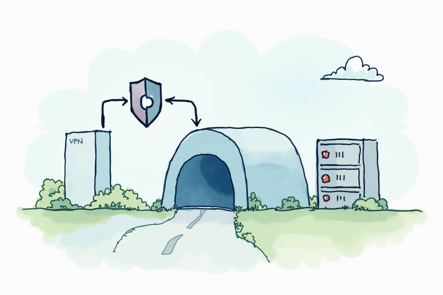 Encrypted tunnel connecting user device to VPN server with shield