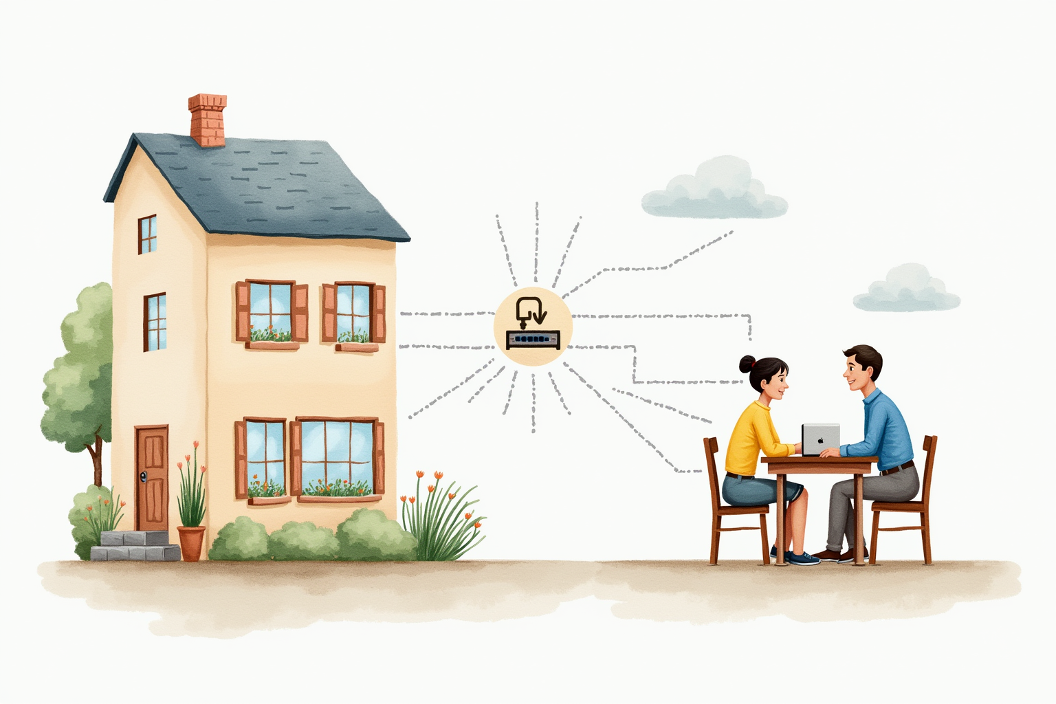 Remote access concept showing user connecting from cafe to home network