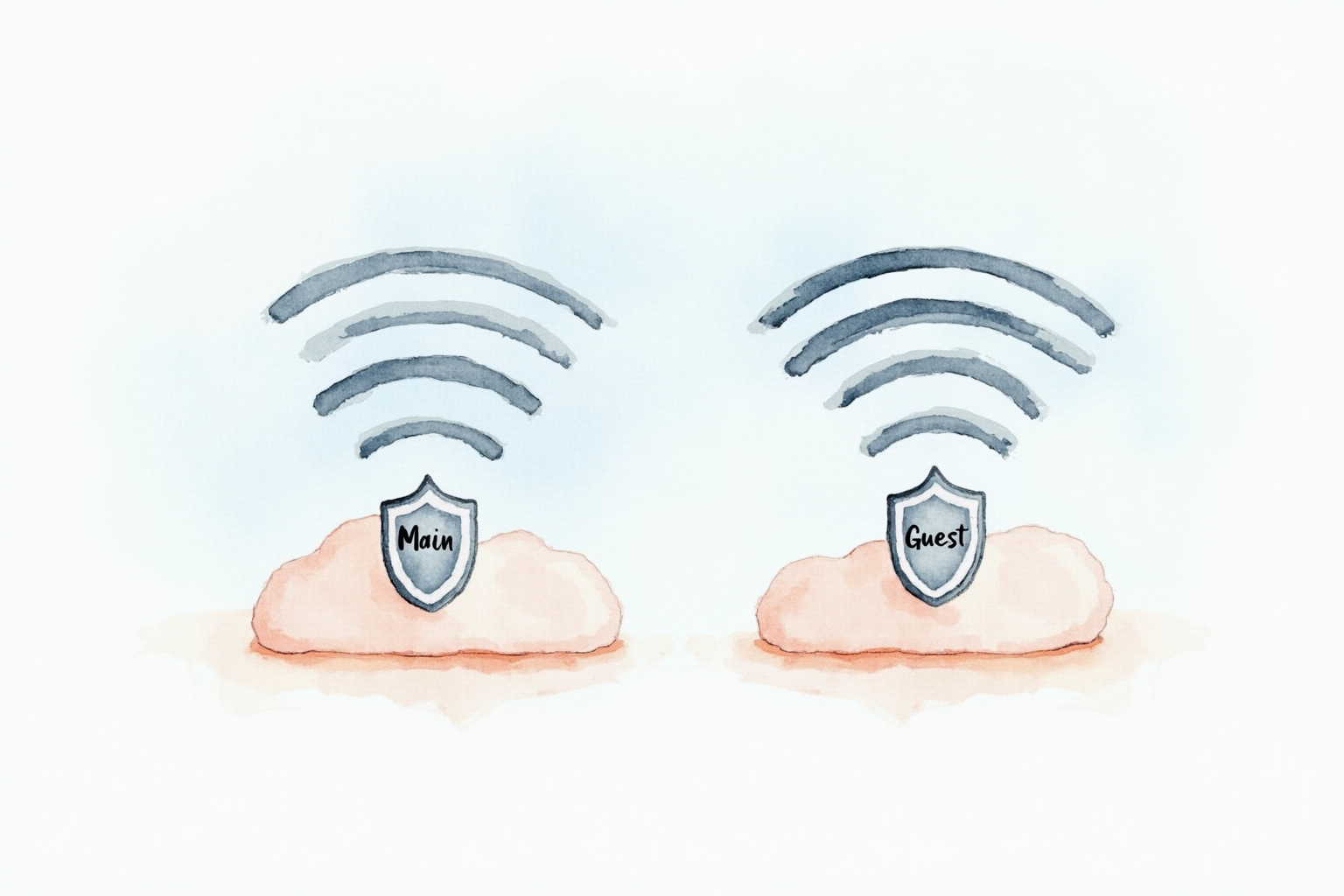 WiFi network with two segregated networks main and guest with shield icons