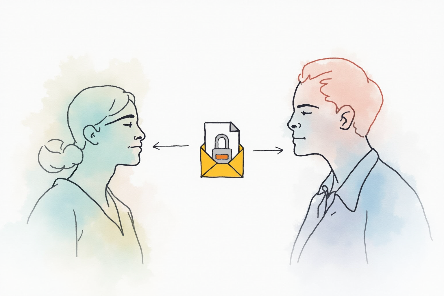 End-to-end encrypted file transfer between two users with locked envelope icons