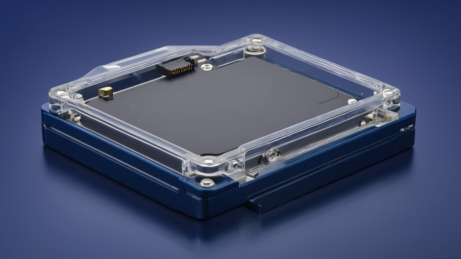 An encrypted storage device protected inside a rigid transparent enclosure