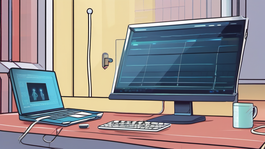 Router firmware update scene on a laptop beside a home router